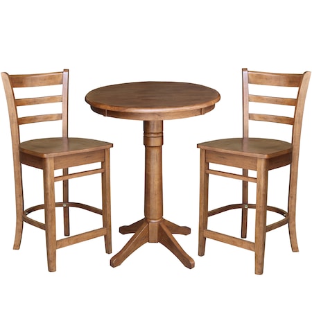 International Concepts Round 30 in Rd Top Pedestal Table, 2 Emily Counter Ht Stools, Distressed Oak, 30 in W, 30 in L, Wood K42-30RT-27B-S6172-2